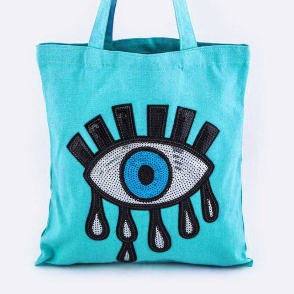 SEQUIN EVIL EYE CANVAS TOTE BAG- TURQUOISE